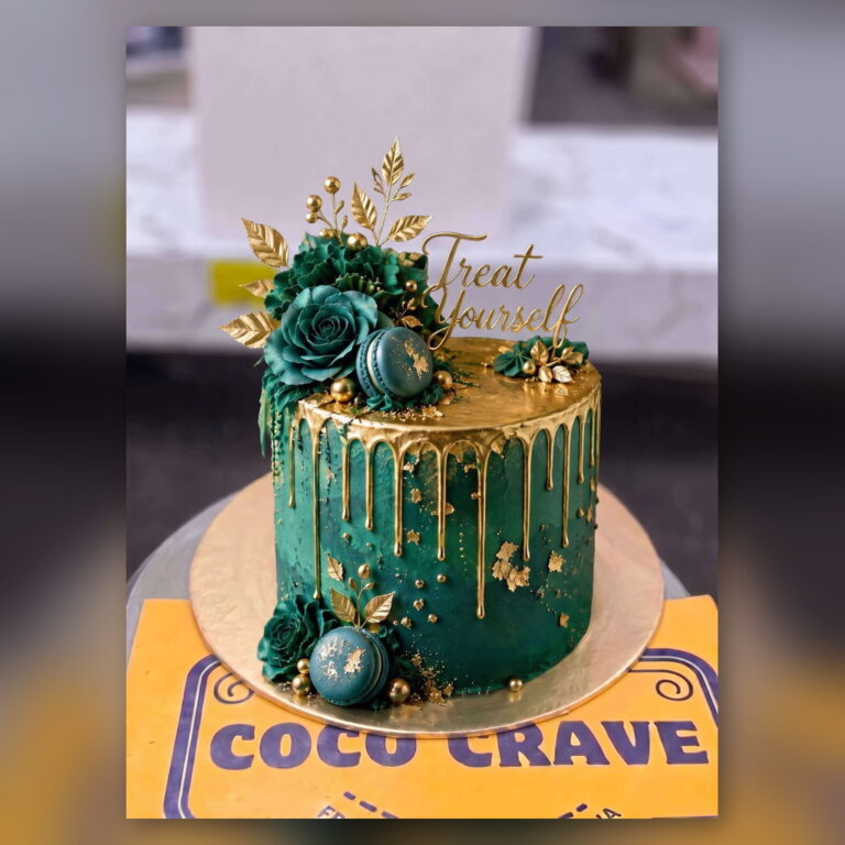 Emerald Green and Gold Drip Cake in Lahore