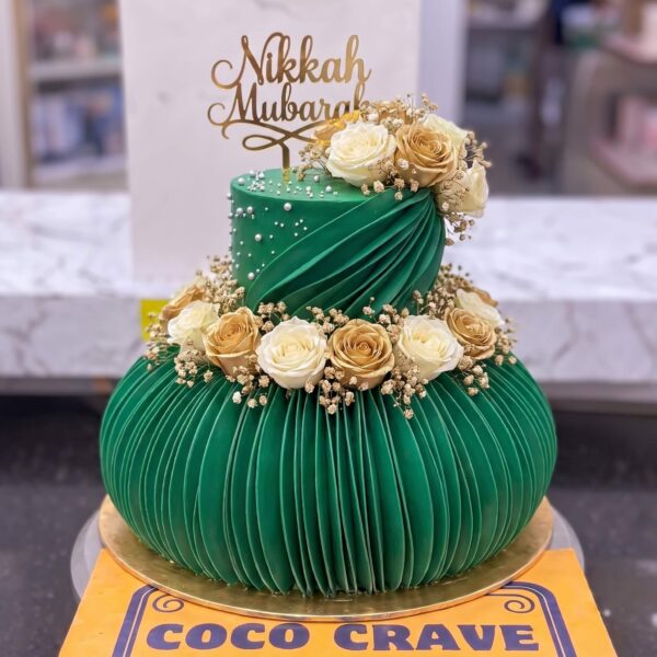 Emerald Green Pleated Two Tier Nikkah Cake in Lahore — delivered in Lahore
