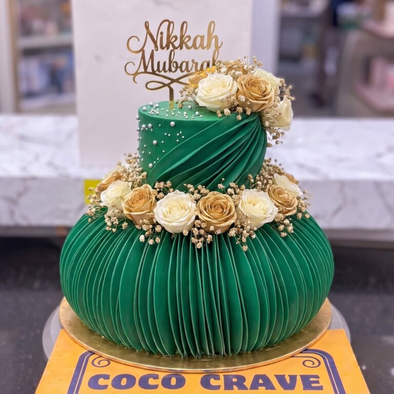 Emerald Green Pleated Two Tier Nikkah Cake in Lahore