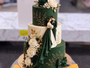 Emerald Green Three Tier Bride and Groom Walima Cake in Lahore