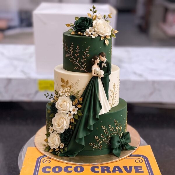 Emerald Green Three Tier Bride and Groom Walima Cake in Lahore — delivered in Lahore
