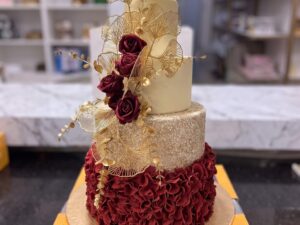 Gold and Red Ruffle Three Tier Walima Cake in Lahore