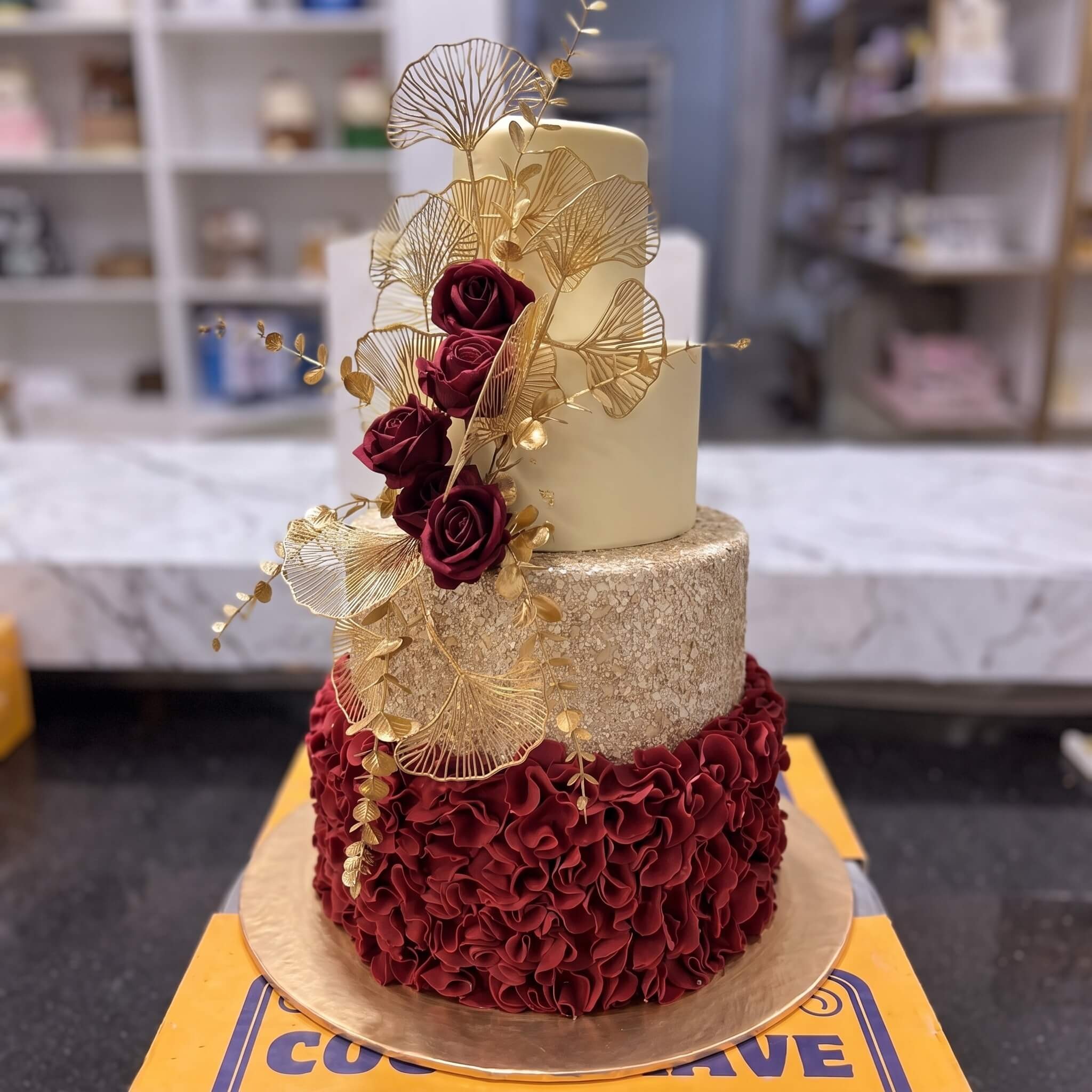 Gold and Red Ruffle Three Tier Walima Cake in Lahore Gold and Red Ruffle Three Tier Walima Cake in Lahore — CocoCrave Lahore