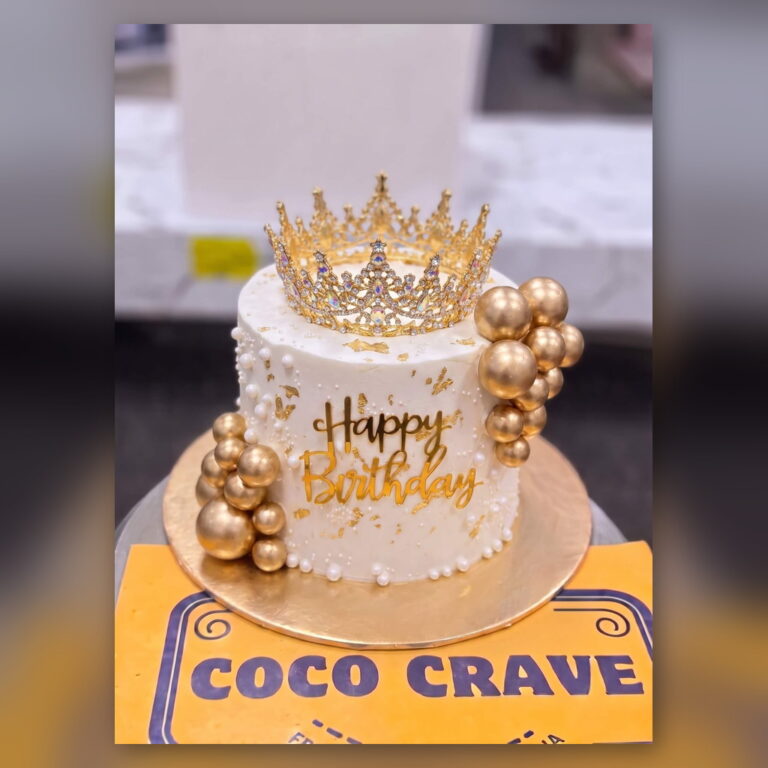 Gold Balloon Pearl Crown Cake in Lahore