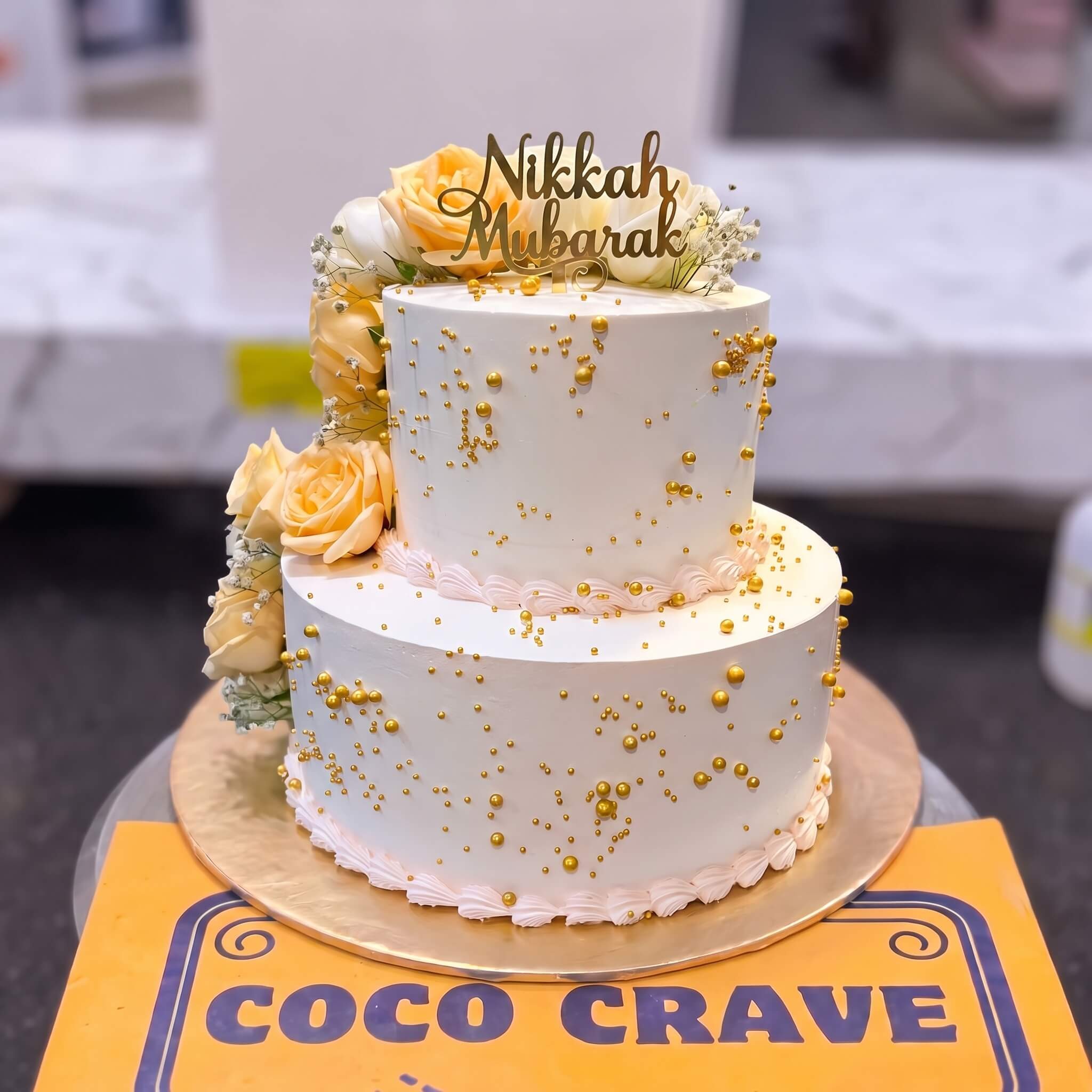 Gold Pearl and Peach Rose Two Tier Nikkah Cake in Lahore Gold Pearl and Peach Rose Two Tier Nikkah Cake in Lahore — CocoCrave Lahore