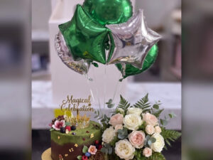 Green Balloon Cake and White Rose Bouquet in Lahore