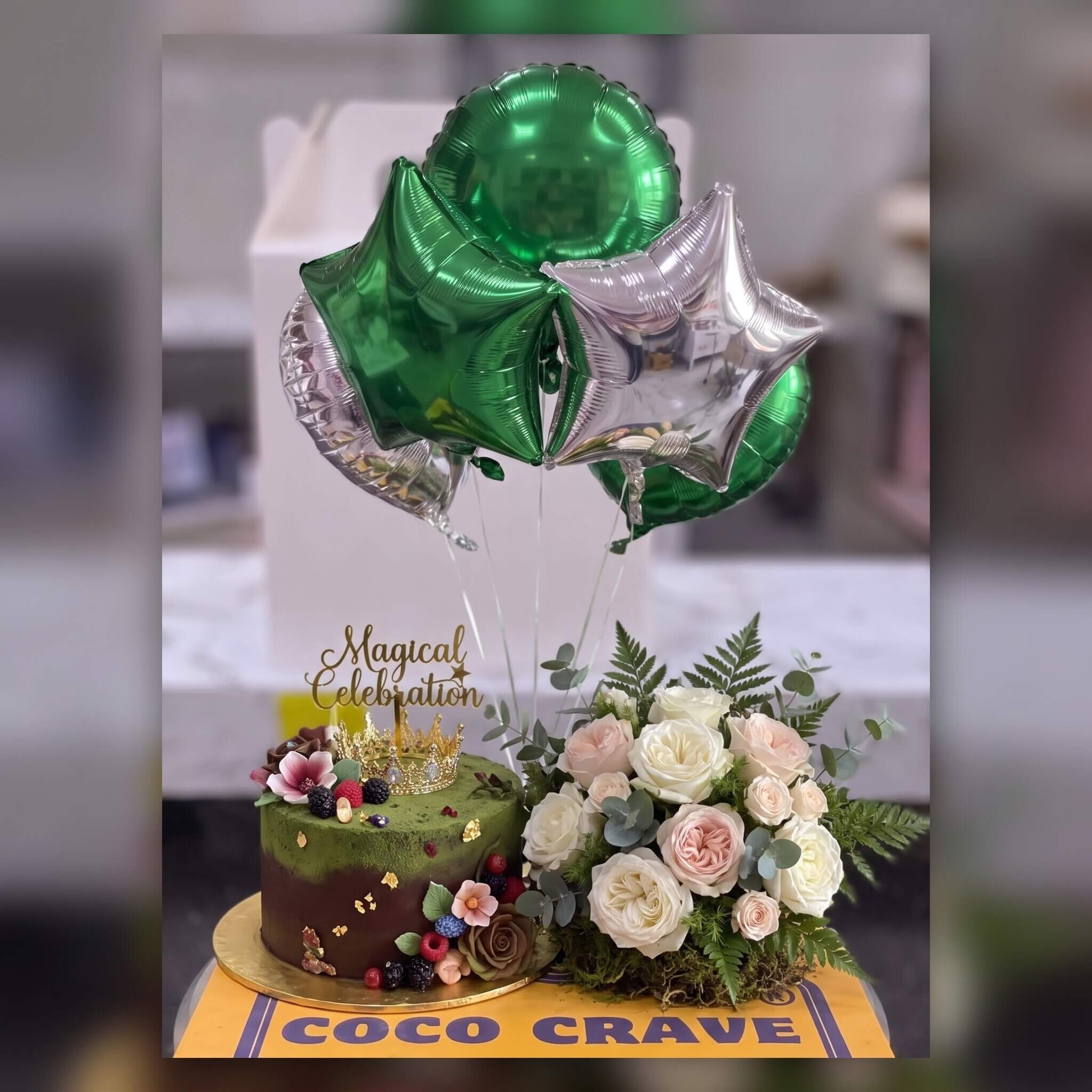 Green Balloon Cake and White Rose Bouquet in Lahore Green Balloon Cake and White Rose Bouquet in Lahore — CocoCrave Lahore