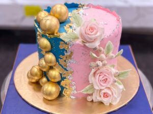 Half Blue Half Pink Cake with Gold Spheres in Lahore