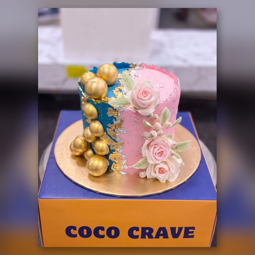 Half Blue Half Pink Cake with Gold Spheres in Lahore Half Blue Half Pink Cake with Gold Spheres in Lahore — CocoCrave.pk Lahore