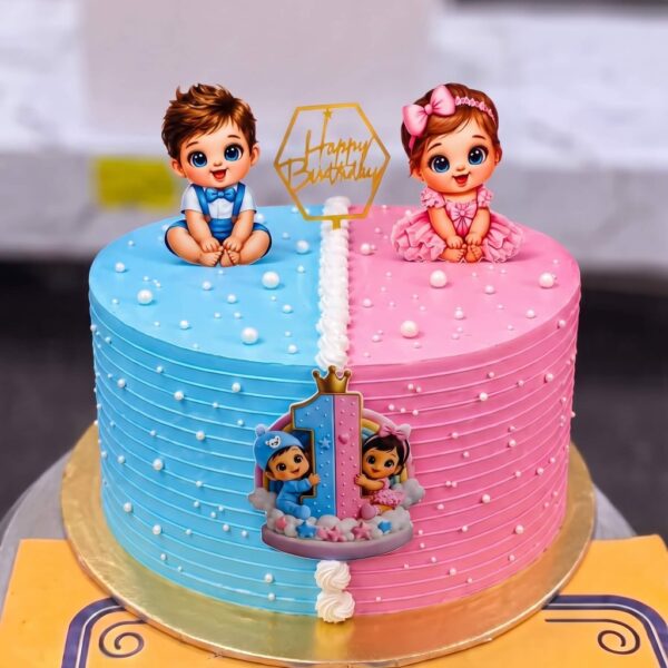 Half Blue Half Pink Twin Babies Cake in Lahore — delivered in Lahore