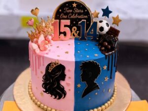 Half Pink Half Blue Sibling Birthday Cake in Lahore