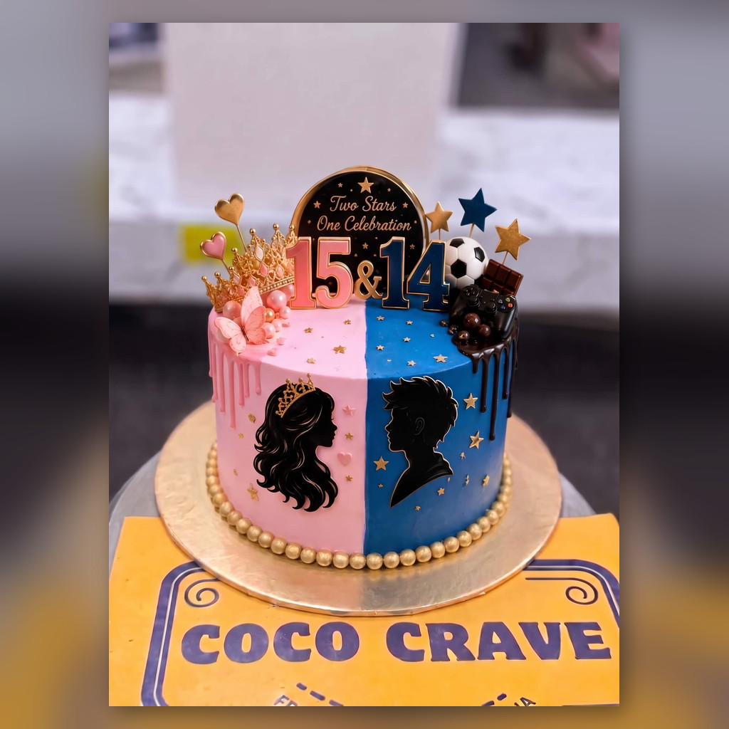 Half Pink Half Blue Sibling Birthday Cake in Lahore Half Pink Half Blue Sibling Birthday Cake in Lahore — CocoCrave.pk Lahore