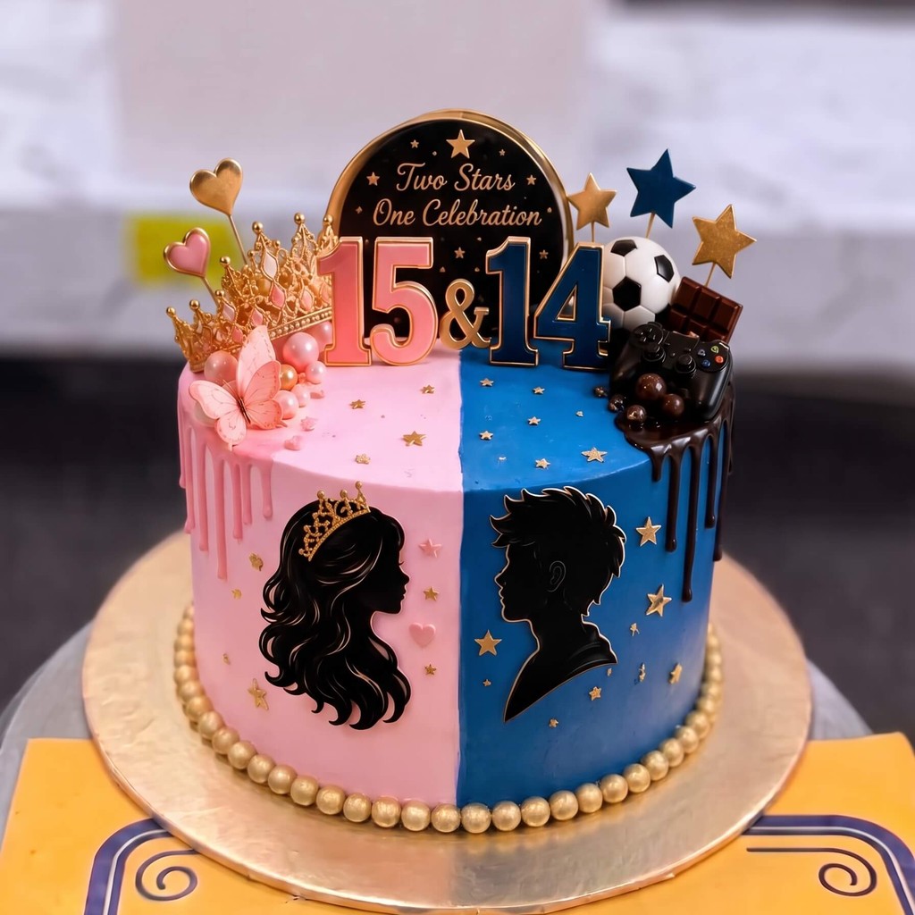 Half Pink Half Blue Sibling Birthday Cake in Lahore Half Pink Half Blue Sibling Birthday Cake by CocoCrave.pk in Lahore