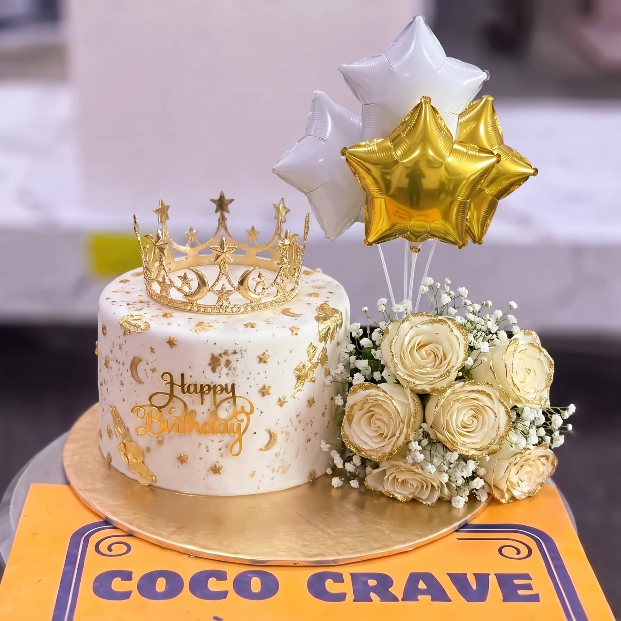 Ivory Crown Cake with White Bouquet and Balloons in Lahore Ivory Crown Cake with White Bouquet and Balloons in Lahore — CocoCrave Lahore