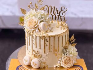 Ivory Gold Drip Mr and Mrs Cake in Lahore