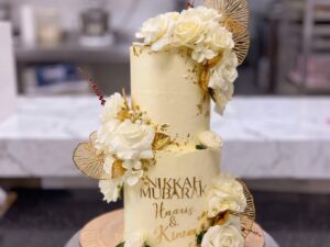 Ivory Gold Leaf Fan Two Tier Nikkah Cake in Lahore