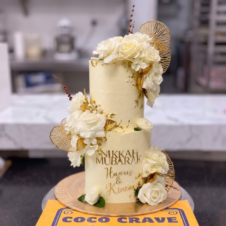 Ivory Gold Leaf Fan Two Tier Nikkah Cake in Lahore