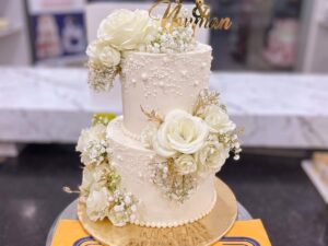 Ivory Pearl and Gold Leaf Two Tier Nikkah Cake in Lahore