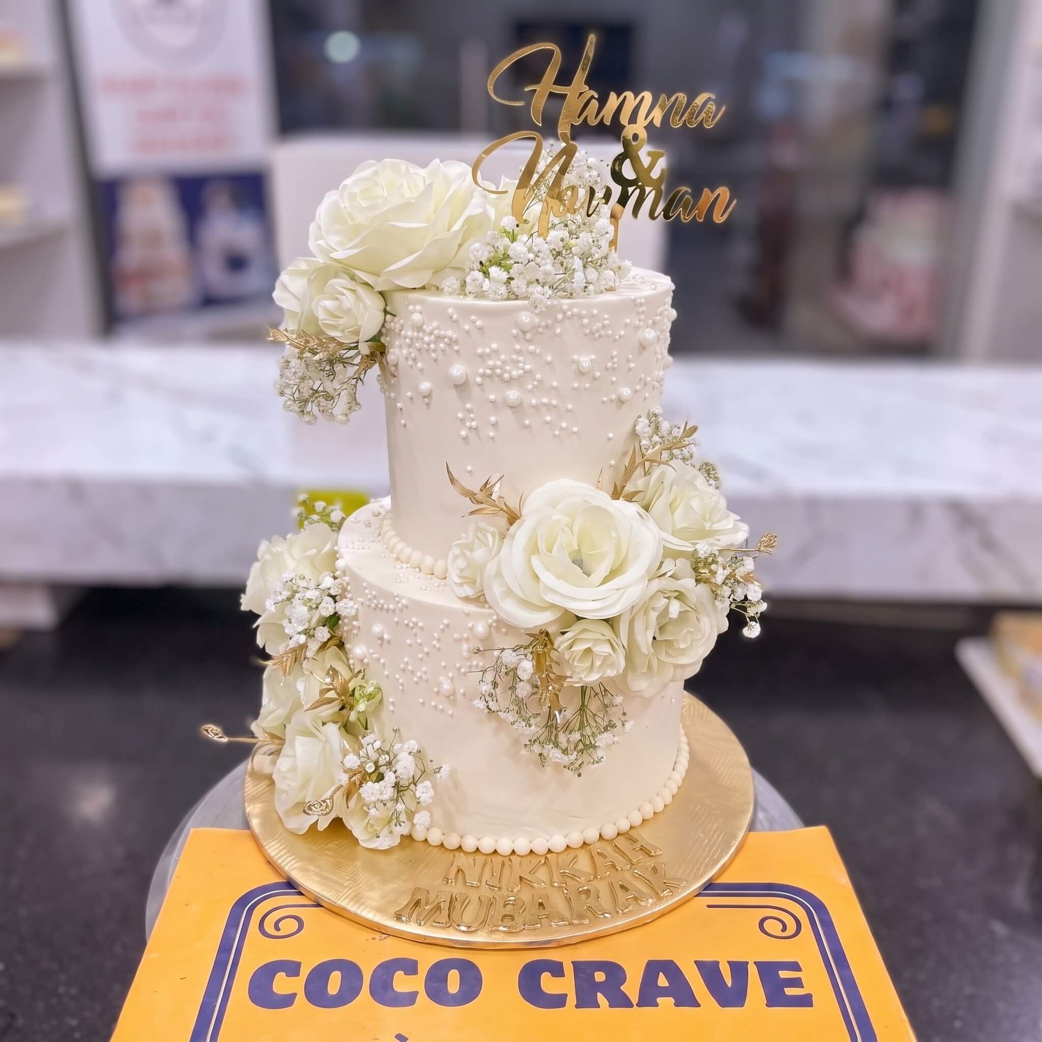 Ivory Pearl and Gold Leaf Two Tier Nikkah Cake in Lahore Ivory Pearl and Gold Leaf Two Tier Nikkah Cake in Lahore — CocoCrave Lahore