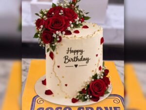 Ivory Red Rose Floral Birthday Cake in Lahore