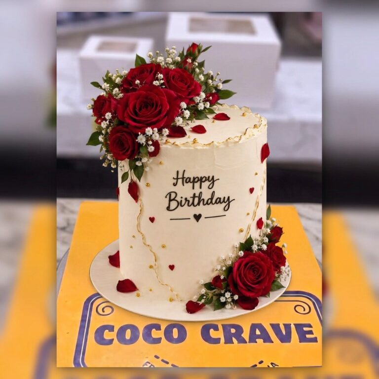 Ivory Red Rose Floral Birthday Cake in Lahore