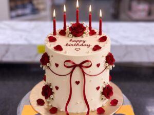 Ivory Ribbon Red Rose Birthday Cake in Lahore