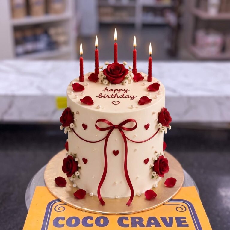 Ivory Ribbon Red Rose Birthday Cake in Lahore