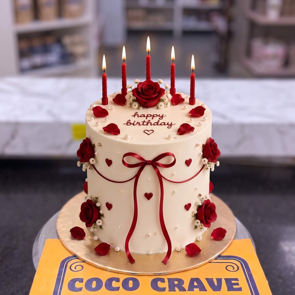 Ivory Ribbon Red Rose Birthday Cake in Lahore Ivory Ribbon Red Rose Birthday Cake in Lahore — CocoCrave Lahore