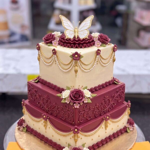 Maroon and Ivory Butterfly Wedding Cake in Lahore — delivered in Gulberg, Lahore