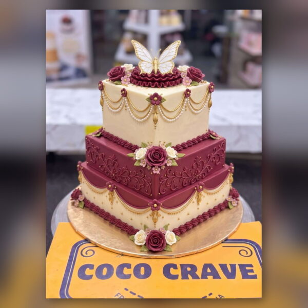 Maroon and Ivory Butterfly Wedding Cake in Lahore — delivered in Lake City, Lahore