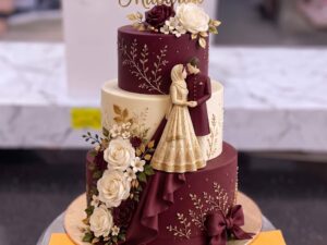 Maroon and Ivory Couple Three Tier Nikkah Cake in Lahore
