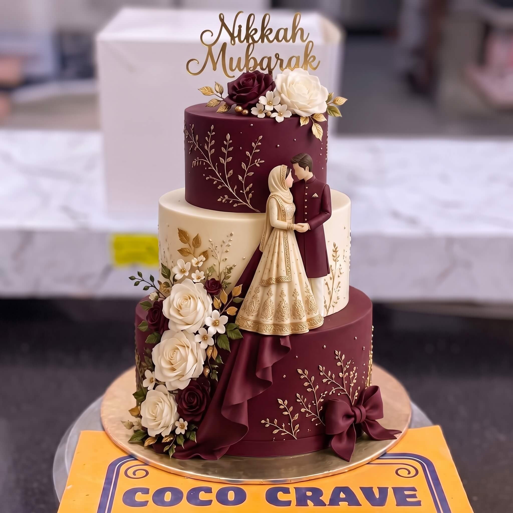 Maroon and Ivory Couple Three Tier Nikkah Cake in Lahore Maroon and Ivory Couple Three Tier Nikkah Cake in Lahore — CocoCrave Lahore
