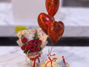Mini Cake Red Rose Bouquet and Heart Balloons in Lahore