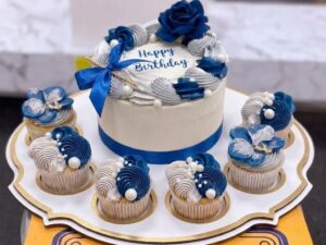 Navy Blue Rose Cake with Blue Cupcakes Set in Lahore