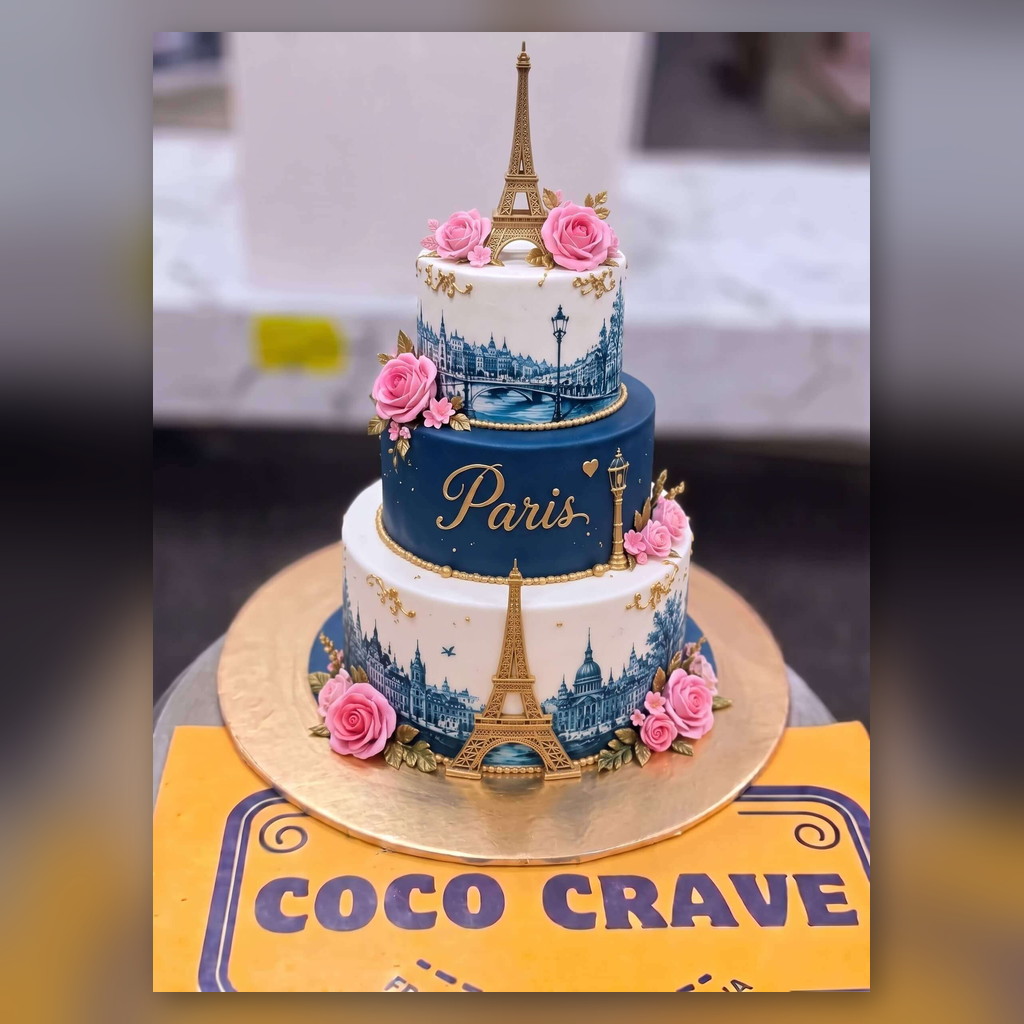 Paris Blue and White Three Tier Cake in Lahore Paris Blue and White Three Tier Cake in Lahore — CocoCrave.pk Lahore