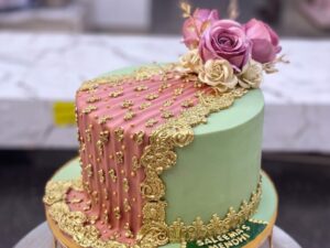 Pastel Green & Pink Floral Mehndi Cake in Lahore