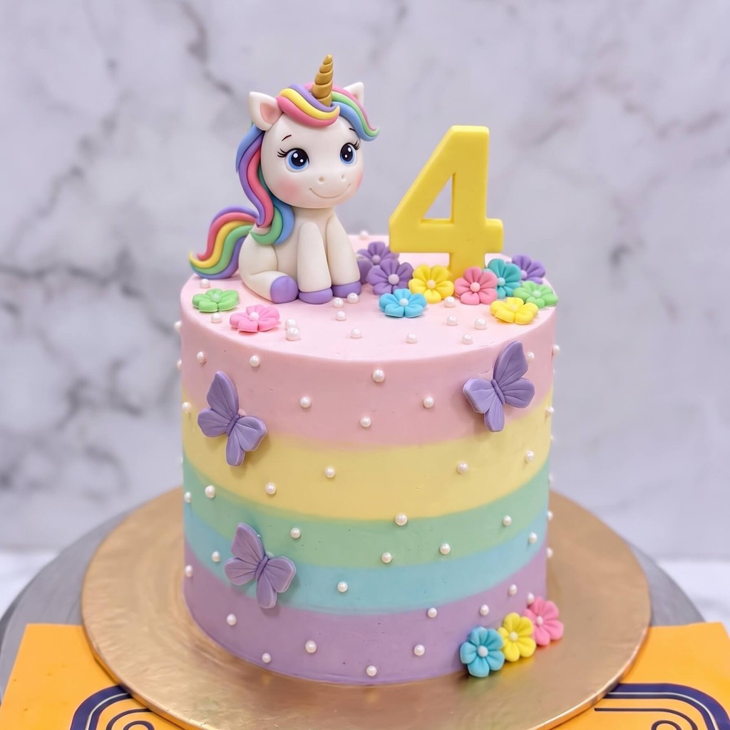 Pastel Unicorn 4th Birthday Cake in Lahore — CocoCrave.pk Pastel Unicorn 4th Birthday Cake in Lahore by CocoCrave.pk — single tier unicorn cake in Pink