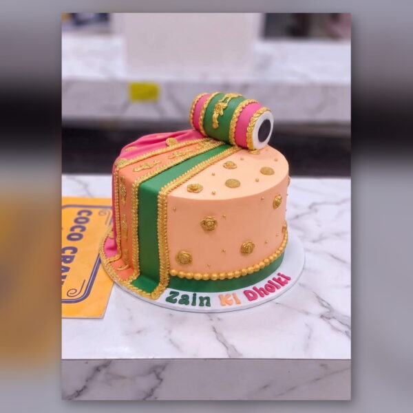 Peach & Green Dholki Mayoun Cake in Lahore