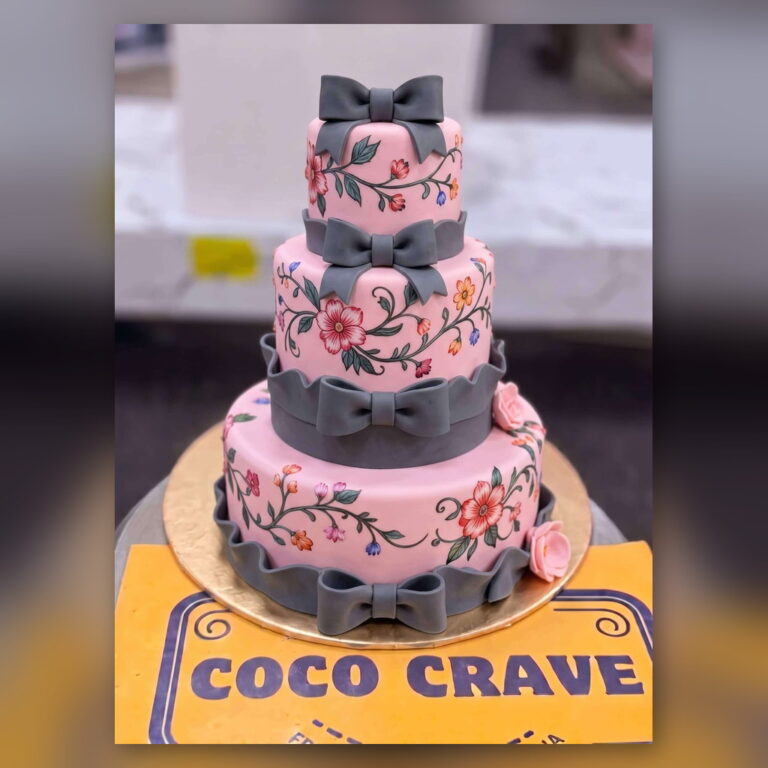 Pink and Grey Bow Floral Cake in Lahore