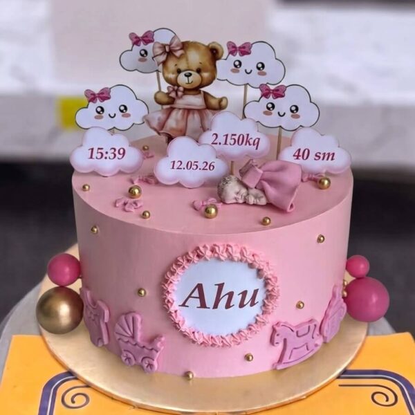 Pink Baby Girl Birth Stats Cake in Lahore — delivered in Gulberg, Lahore