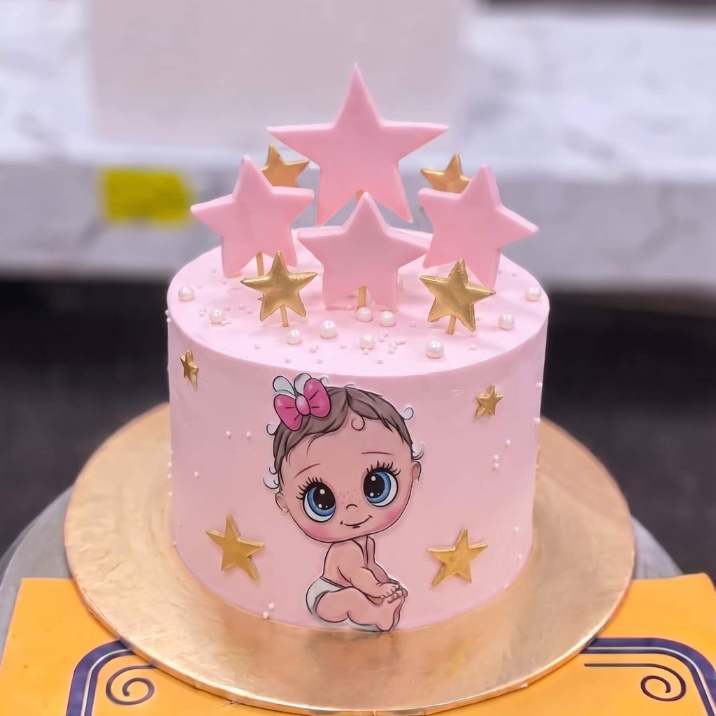 Pink Baby Girl Cake with Stars in Lahore Pink Baby Girl Cake with Stars by CocoCrave.pk in Lahore