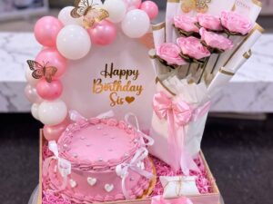 Pink Balloon Birthday Cake and Flower Gift Set in Lahore