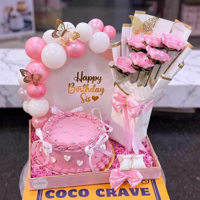 Pink Balloon Birthday Cake and Flower Gift Set in Lahore