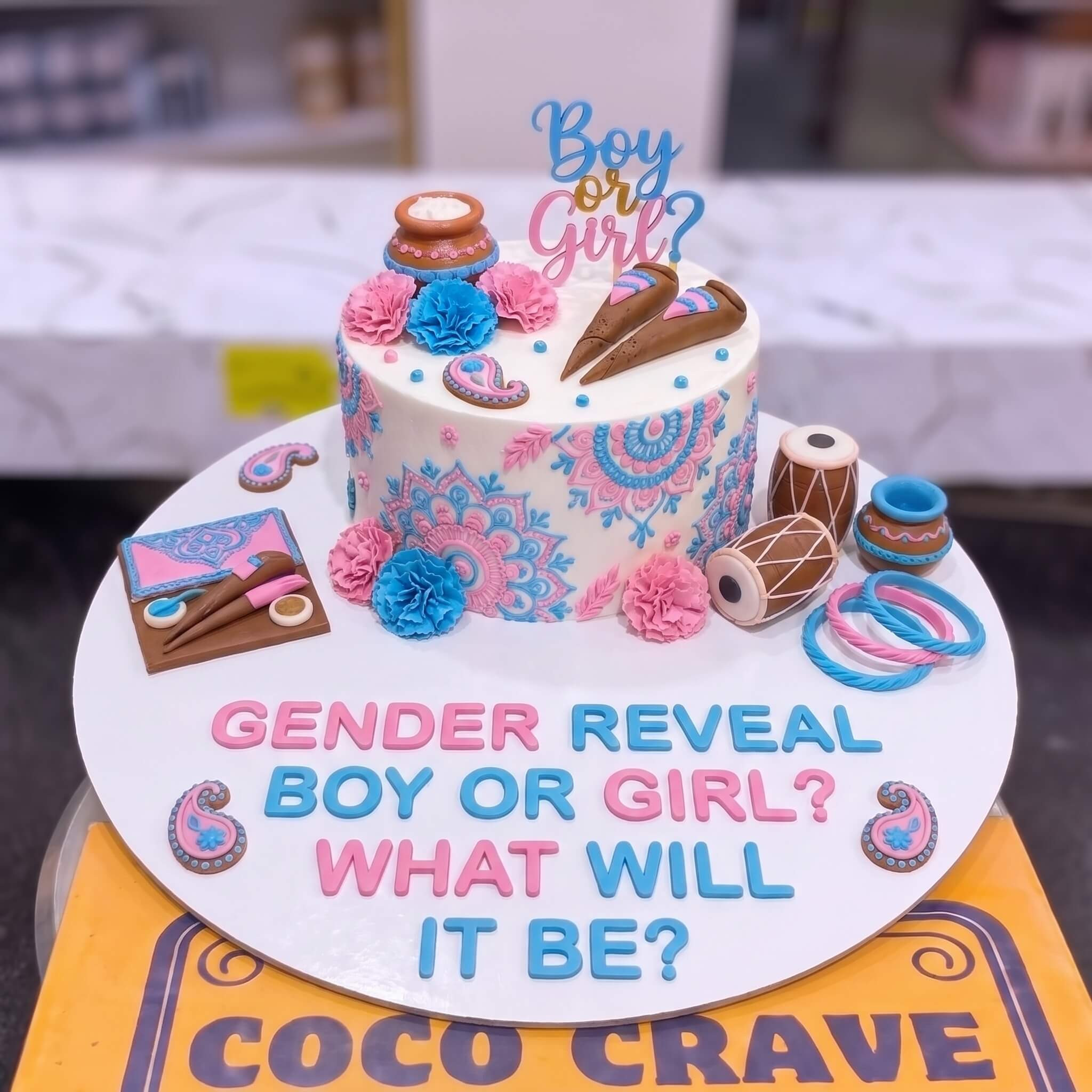 Pink Blue Dholki Gender Reveal Cake in Lahore Pink Blue Dholki Gender Reveal Cake in Lahore — CocoCrave Lahore