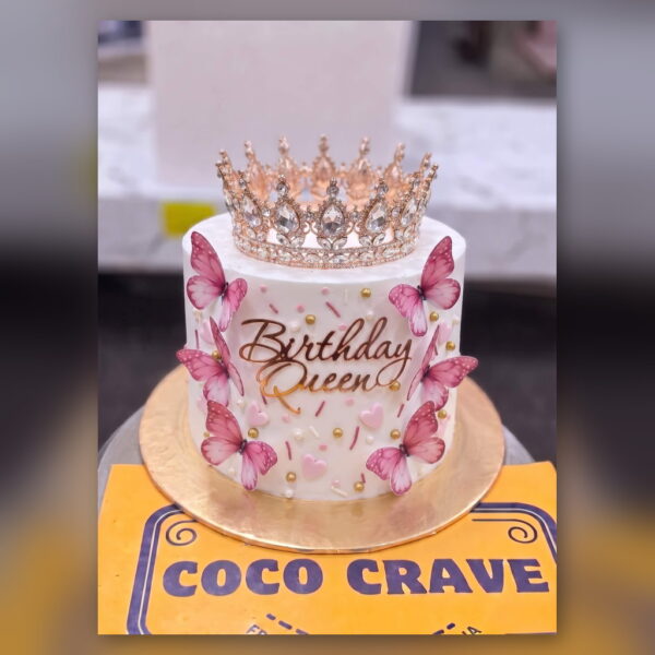 Pink Butterfly Birthday Queen Crown Cake in Lahore