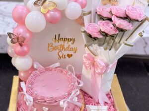 Pink Cake with Rose Bouquet and Balloons in Lahore
