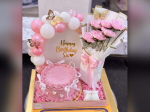 Pink Cake with Rose Bouquet and Balloons in Lahore
