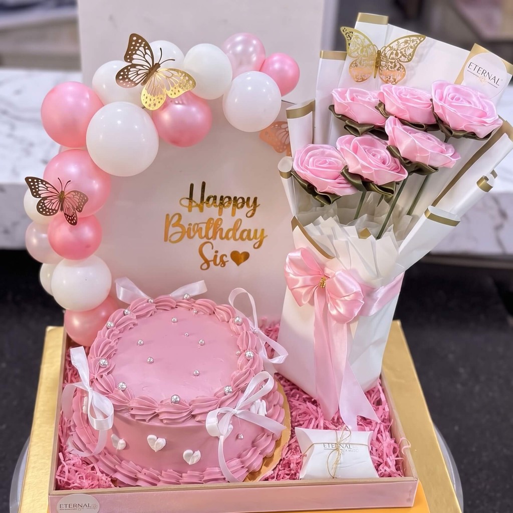 Pink Cake with Rose Bouquet and Balloons in Lahore Gifts & Flowers in Lahore by CocoCrave.pk — premium gifts & flowers in lahore delivered in Lahore