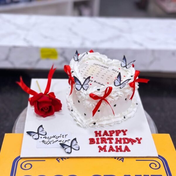 Pink Heart Birthday Cake with Butterflies in Lahore — delivered in Eme Society, Lahore