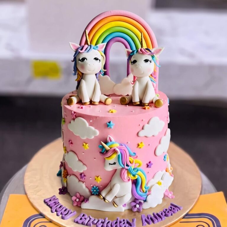 Pink Twin Unicorn Rainbow Cake in Lahore